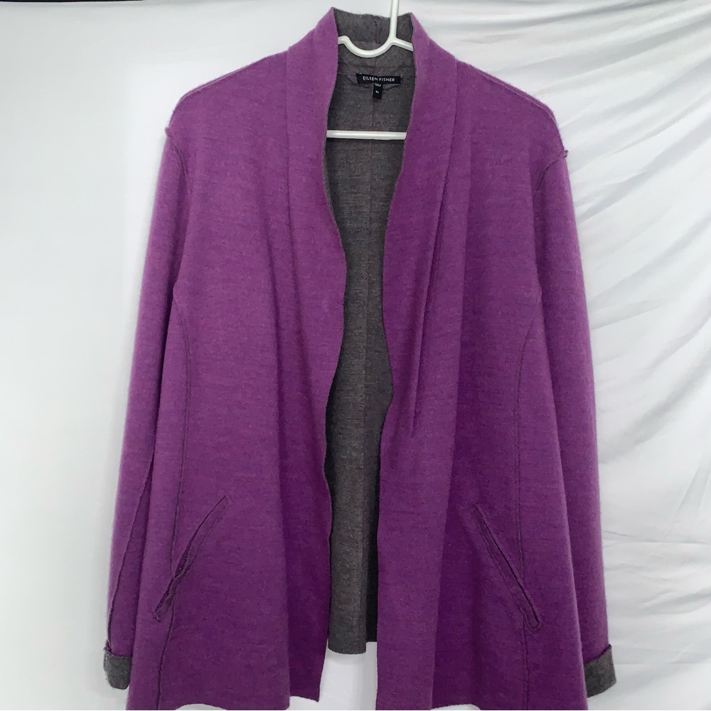 Eileen Fisher Womens XL Purple Open Front Cardigan Long Sleeve Sweater
